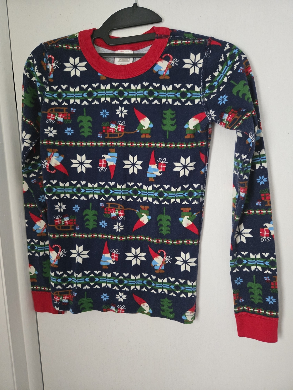 Hanna Andersson Navy Gnome Holiday Pajama Top with Red Trim Kids 12